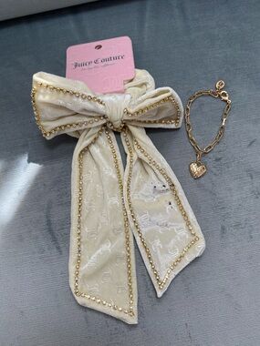 Juicy Couture Cream Jeweled Bow Hair Accessory new/ spot and new gold bracelet